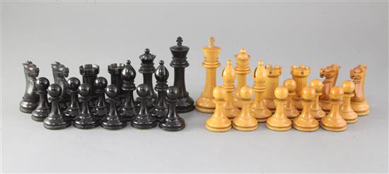 Possibly Ayres NOT Jaques & Sons, London. A Staunton pattern boxwood and ebony chess set, king 4.25in.